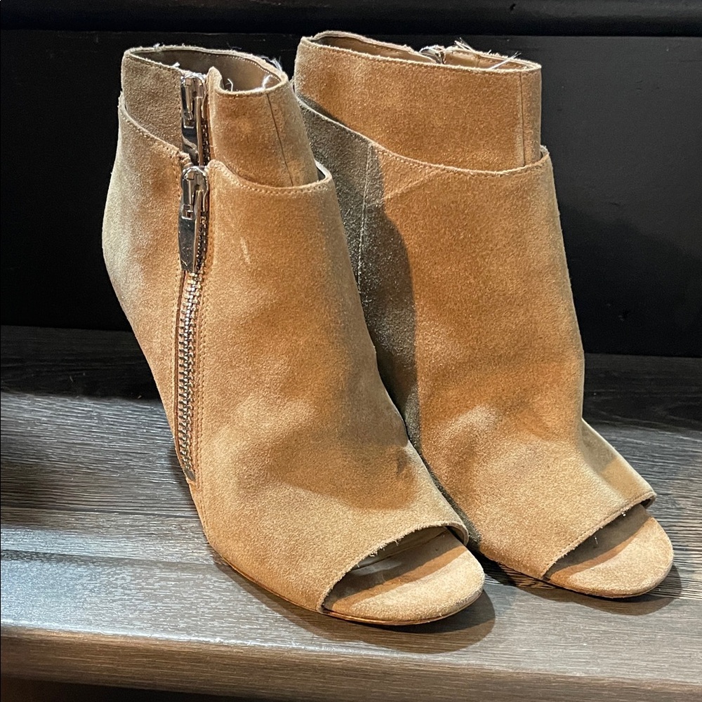Via Spiga Tan Suede Open-Toe Ankle Boots